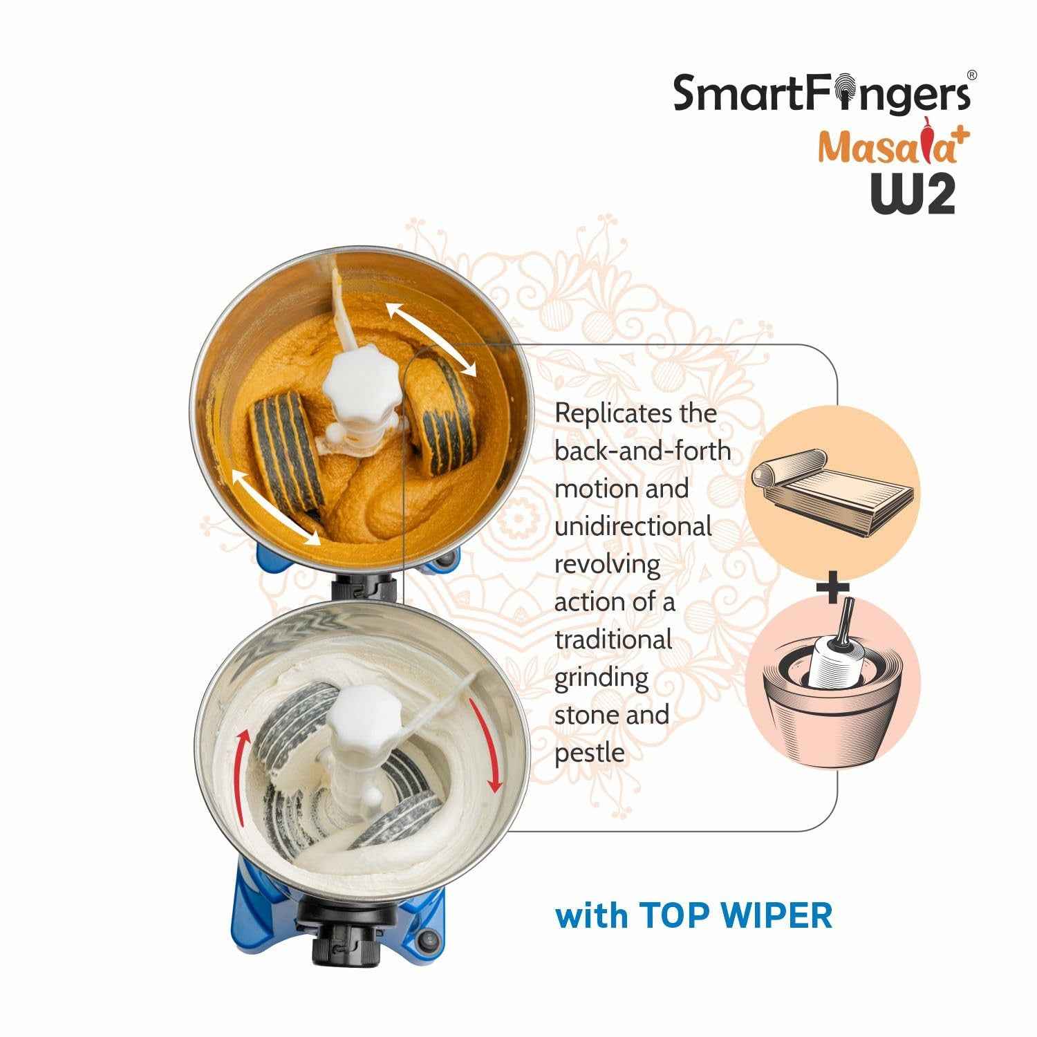 2 Liter-Blue/MASALA PLUS SmartFingers Table Top Masala Wet Grinder 230V 50hz (COCONUT SCRAPPER WITHOUT PLATE + ATTA KNEADER)