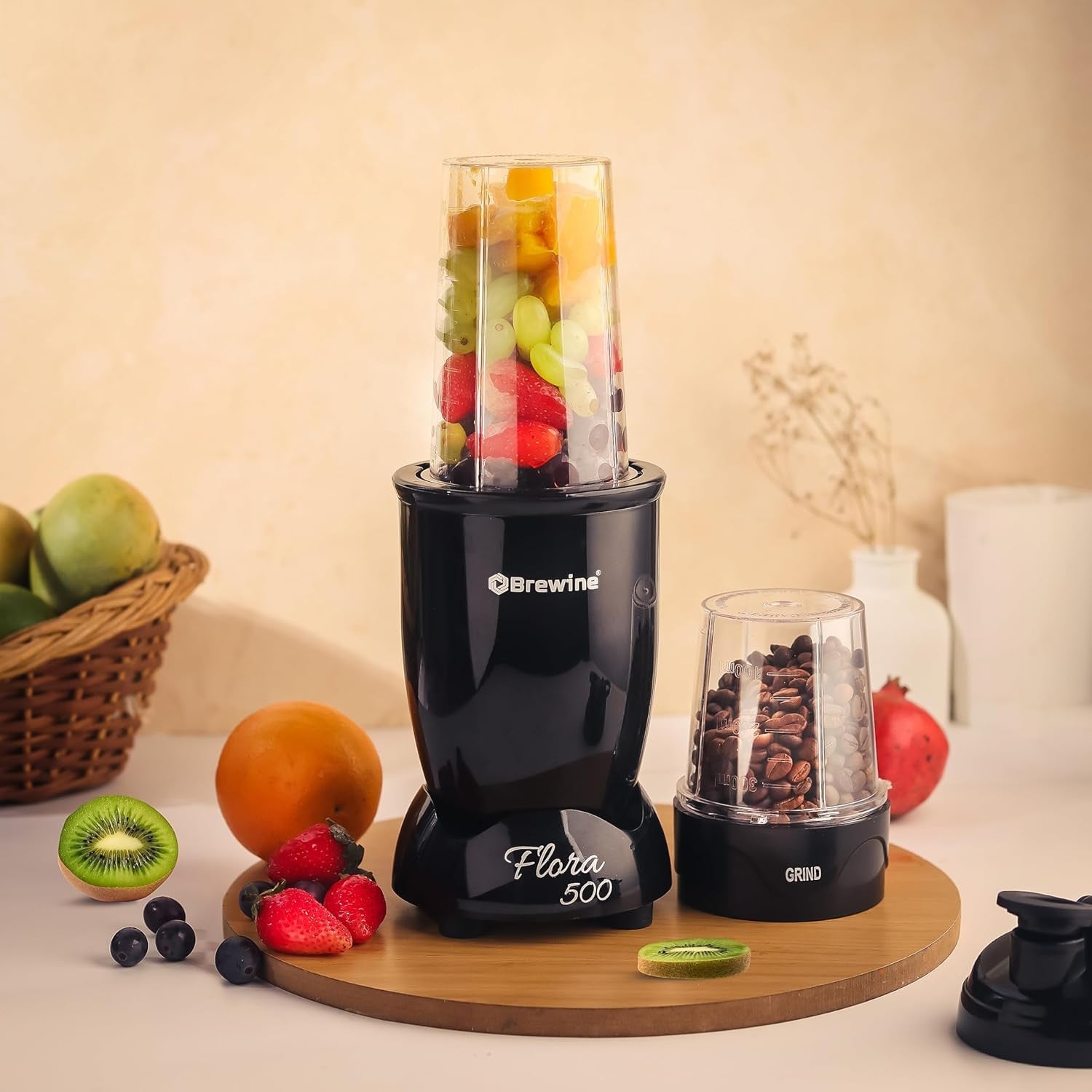 Brewine Flora 500 Nutri Blender  500W Powerful Copper Motor  3 Multipurpose Cups  2-Year Warranty  Smoothies, Spices & Baby Food Maker (Black, 500 Watts Black)