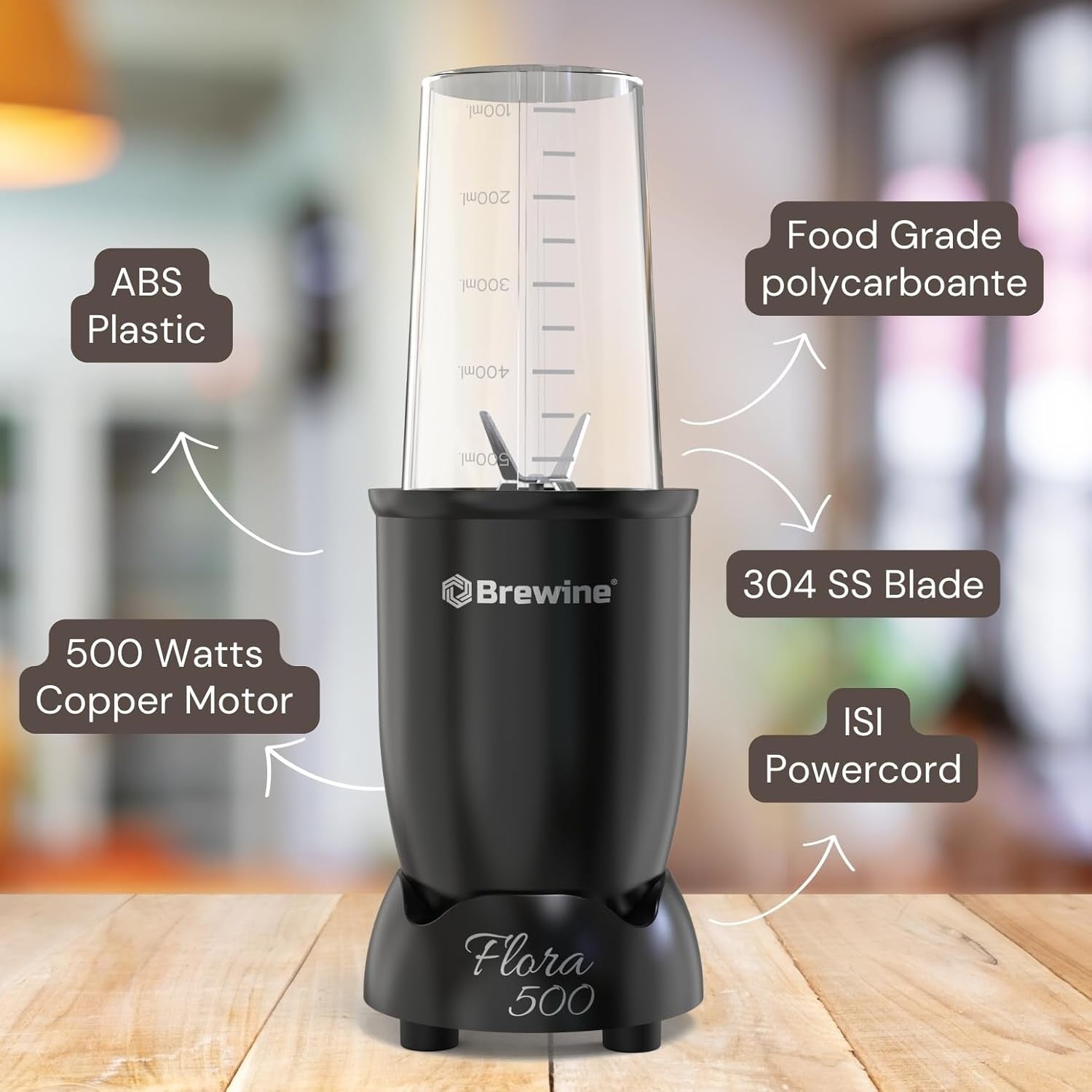 Brewine Flora 500 Nutri Blender  500W Powerful Copper Motor  3 Multipurpose Cups  2-Year Warranty  Smoothies, Spices & Baby Food Maker (Black, 500 Watts Black)