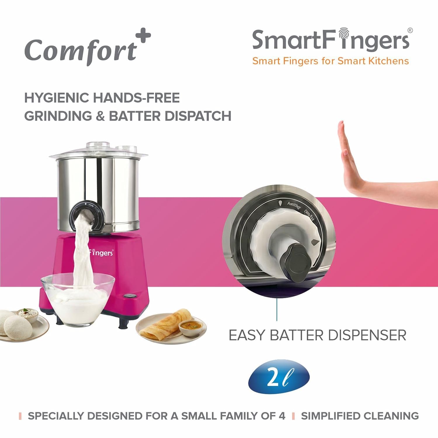 2 Liter-PINK/SmartFingers Comfort Plus Table Top Magic Wet Grinder 230V 50hz- (WITHOUT ATTACHMENT)