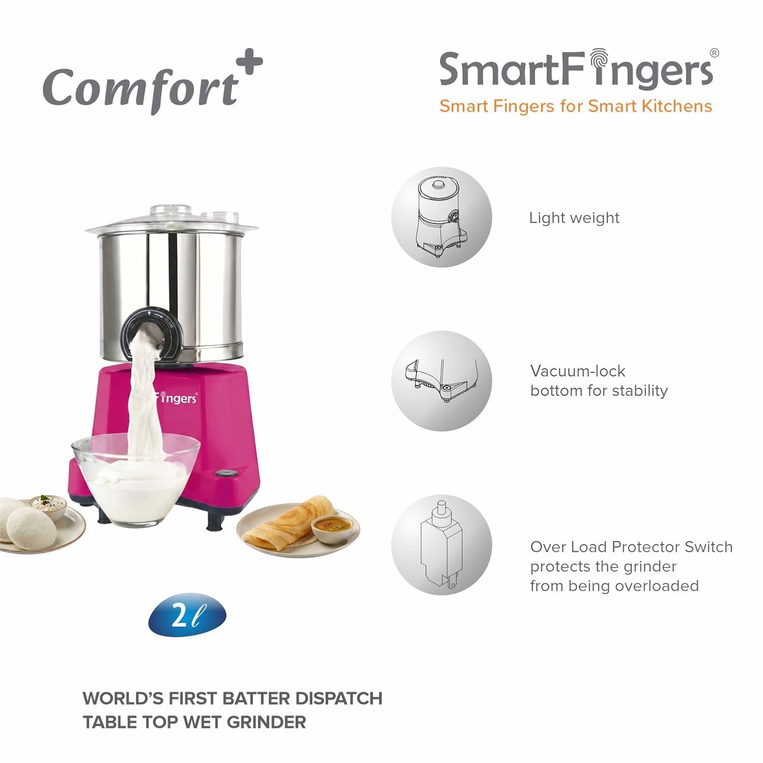 2 Liter-PINK/SmartFingers Comfort Plus Table Top Magic Wet Grinder 230V 50hz- (WITHOUT ATTACHMENT)