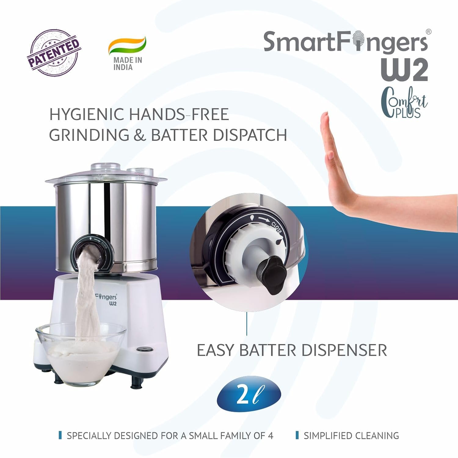 2 Liter-White/SmartFingers Comfort Plus Table Top Magic Wet Grinder 230V 50hz (WITHOUT ATTACHMENT)