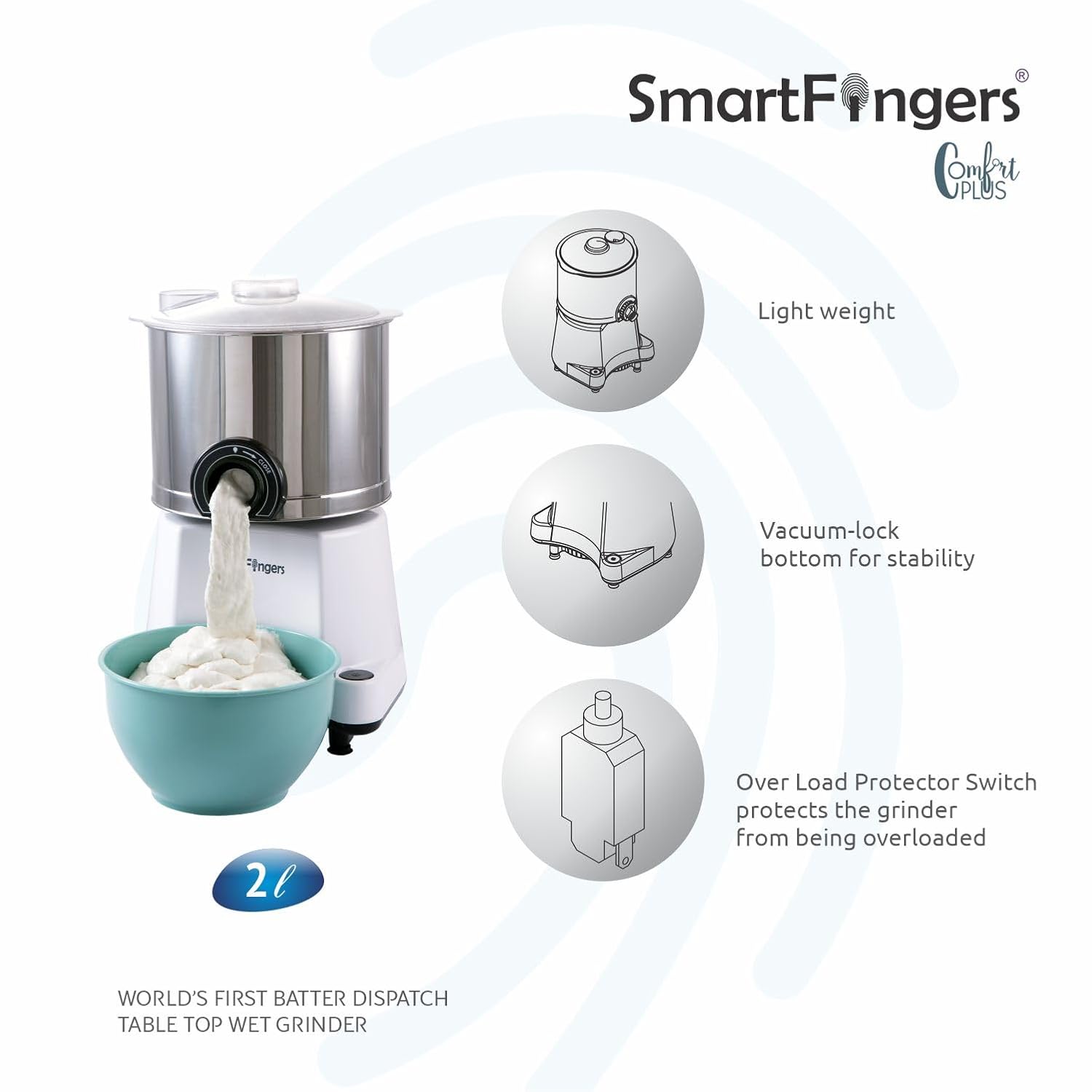 2 Liter-White/SmartFingers Comfort Plus Table Top Magic Wet Grinder 230V 50hz (WITHOUT ATTACHMENT)