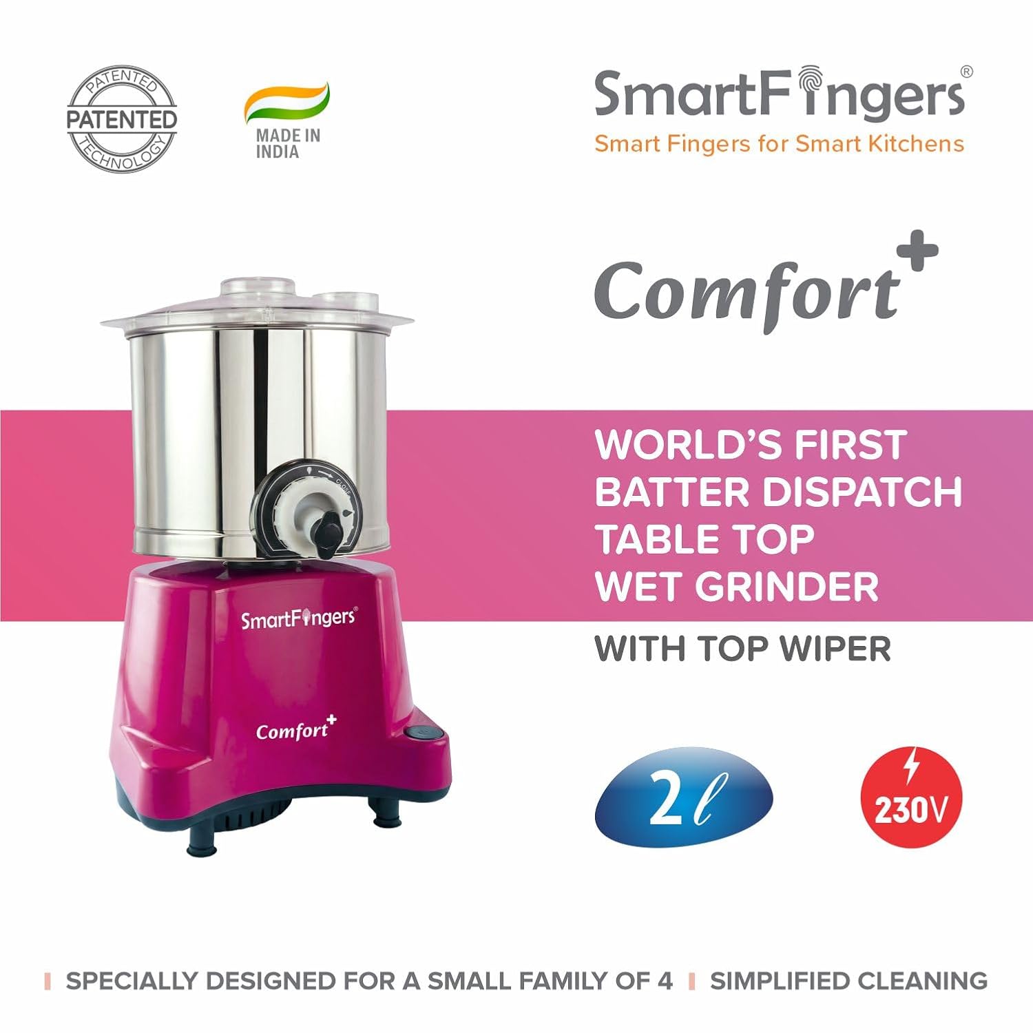2 Liter-PINK/SmartFingers Comfort Plus Table Top Magic Wet Grinder 230V 50hz- (WITHOUT ATTACHMENT)