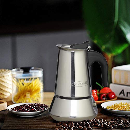 2 Cups Stainless Steel Coffee Maker | Filter Coffee Black Tea Pot Compatible with Induction, Gas Stove | Durable Compact BPA Free Espresso Percolator for Home, Kitchen and Travel (Silver)- Atlasware
