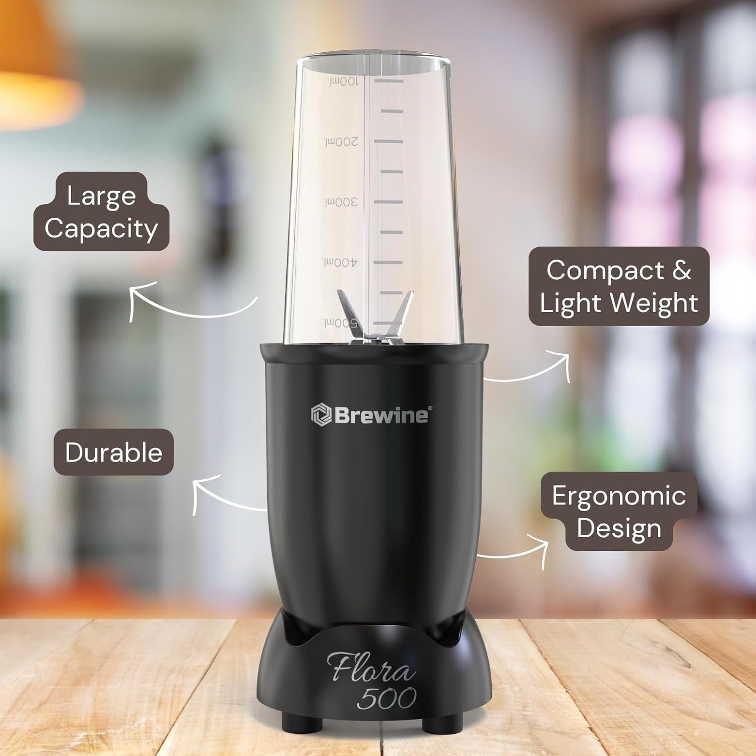Brewine Flora 500 Nutri Blender  500W Powerful Copper Motor  3 Multipurpose Cups  2-Year Warranty  Smoothies, Spices & Baby Food Maker (Black, 500 Watts Black)