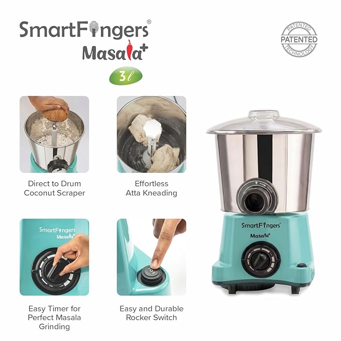 3 Liter-GREEN/MASALA PLUS SmartFingers Table Top Masala Wet Grinder 230V 50hz (COCONUT SCRAPPER WITHOUT PLATE + ATTA KNEADER) (Copy)