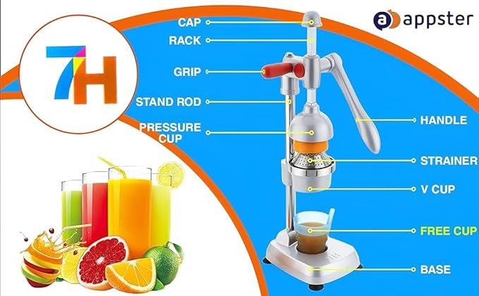 7H Heavy Duty Hand Press Juicer Machine - Manual Citrus Juice Maker & Orange Squeezer for Fruits & Vegetables - Double Polish