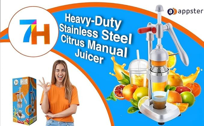 7H Heavy Duty Hand Press Juicer Machine - Manual Citrus Juice Maker & Orange Squeezer for Fruits & Vegetables - Double Polish