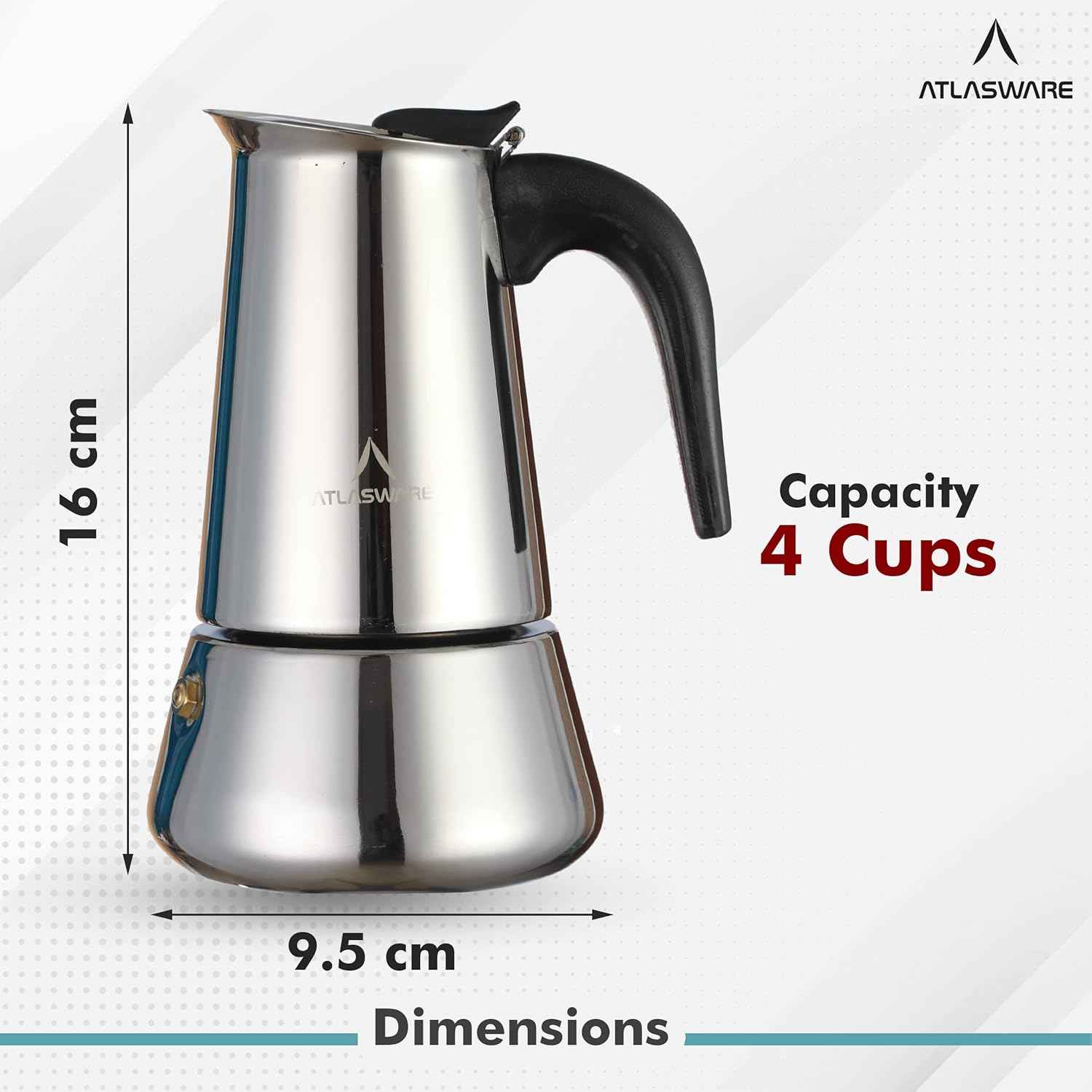 4 Cups Stainless Steel Coffee Maker (Silver) | Filter Coffee Black Tea Pot Compatible with Induction, Gas Stove | Durable Compact BPA Free Espresso Percolator for Home, Kitchen and Travel - Atlasware (Copy)