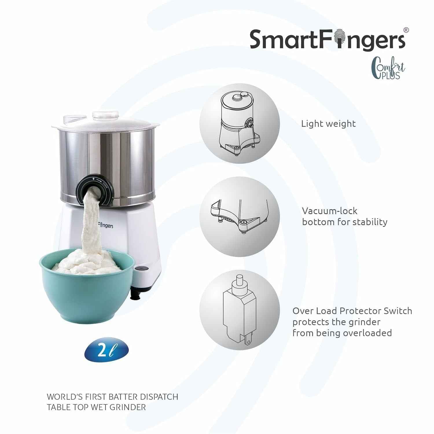 2 Liter-White/SmartFingers Comfort Plus Table Top Magic Wet Grinder 230V 50hz (WITHOUT ATTACHMENT)