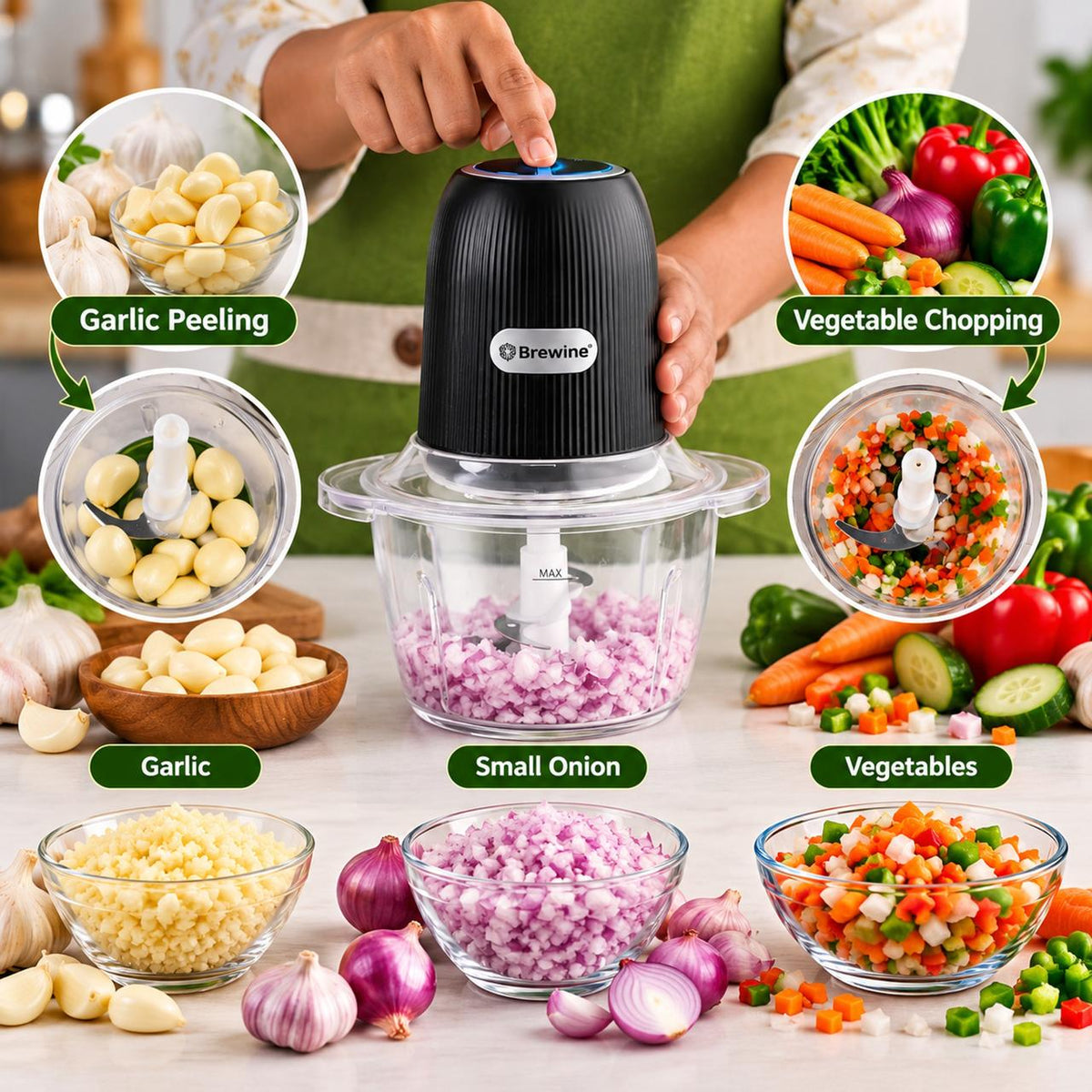 Brewine Electric Chopper & Garlic Peeler – 1.2L Plastic Bowl, 350W, Dual Speed with 1 Year Warranty