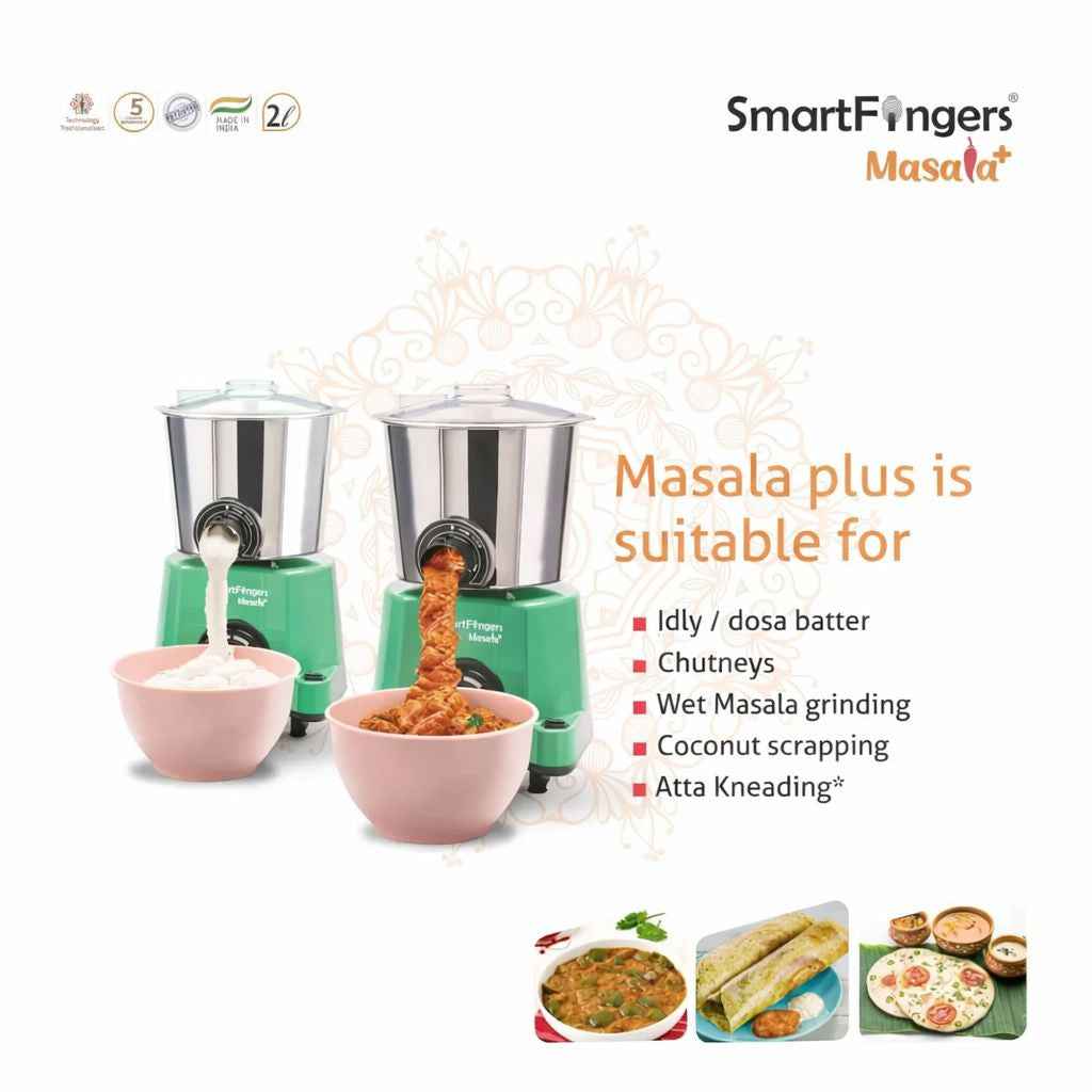 2 Liter-GREEN/MASALA PLUS SmartFingers Table Top Masala Wet Grinder 230V 50hz (COCONUT SCRAPPER WITHOUT PLATE + ATTA KNEADER)