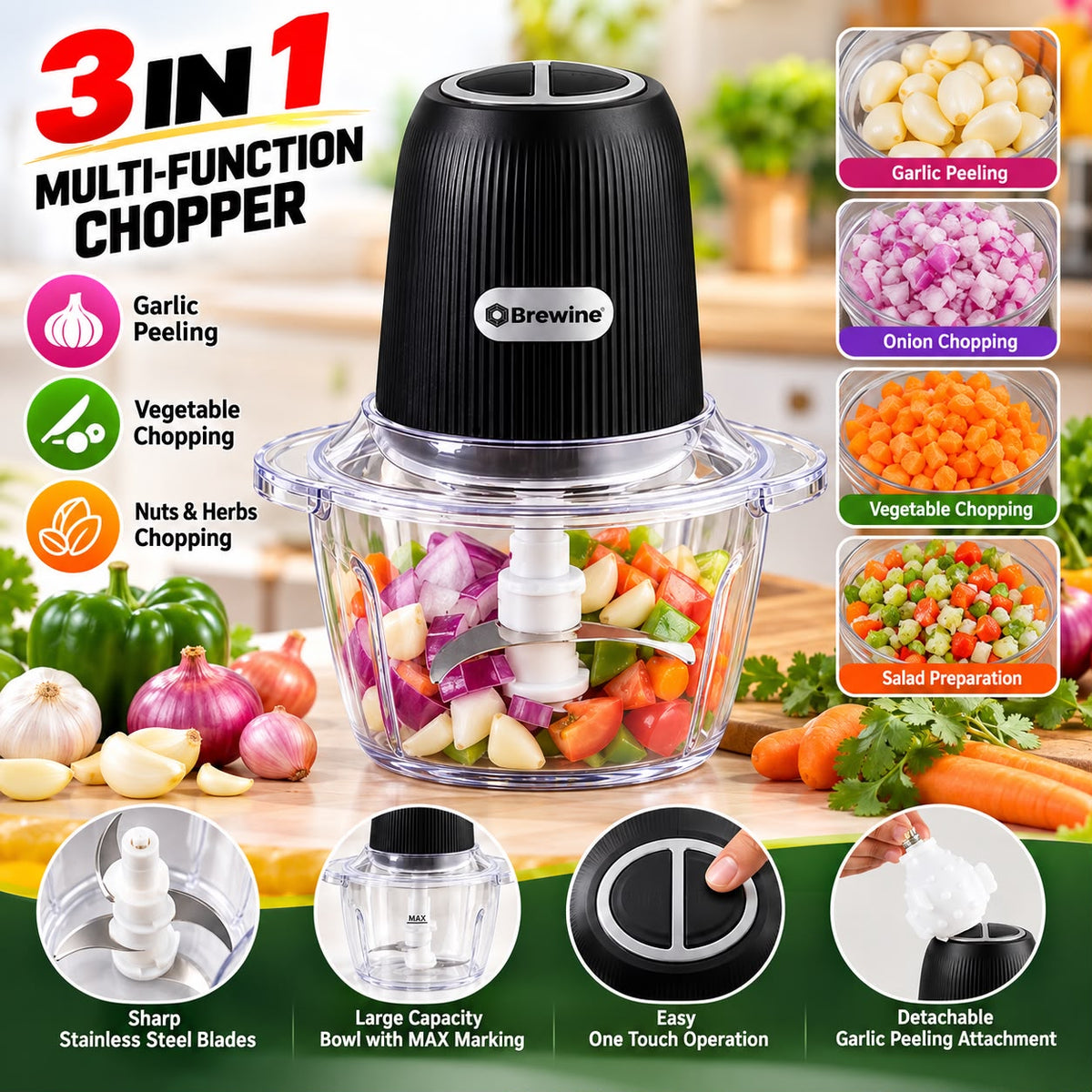 Brewine Electric Chopper & Garlic Peeler – 1.2L Plastic Bowl, 350W, Dual Speed with 1 Year Warranty