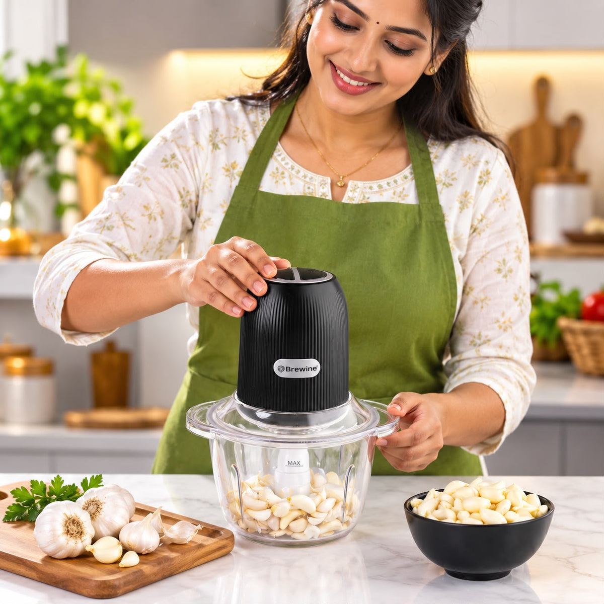 Brewine Electric Chopper & Garlic Peeler – 1.2L Plastic Bowl, 350W, Dual Speed with 1 Year Warranty