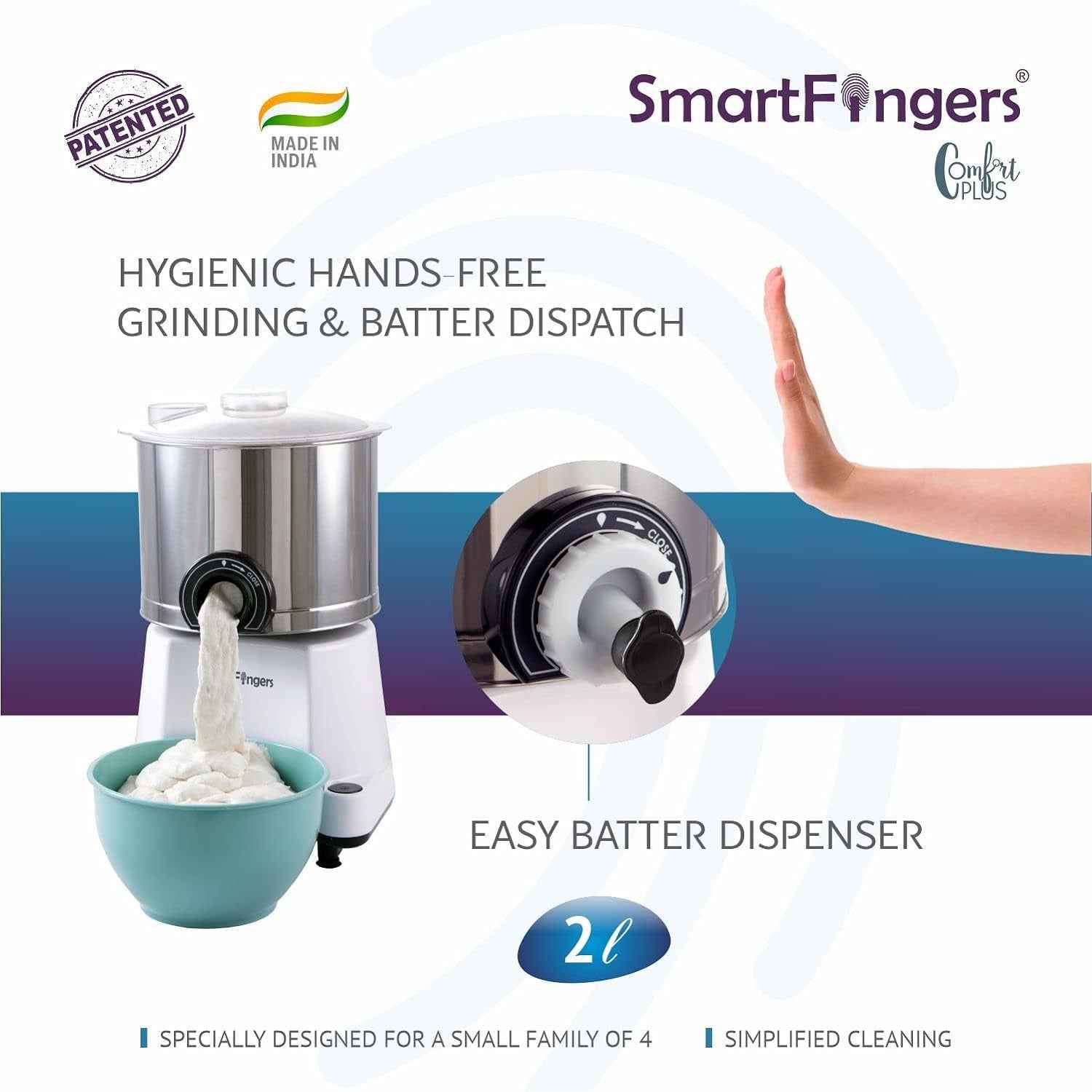 2 Liter-White/SmartFingers Comfort Plus Table Top Magic Wet Grinder 230V 50hz( COCONUT SCRAPPER WITHOUT PLATE + ATTAKNEADER)