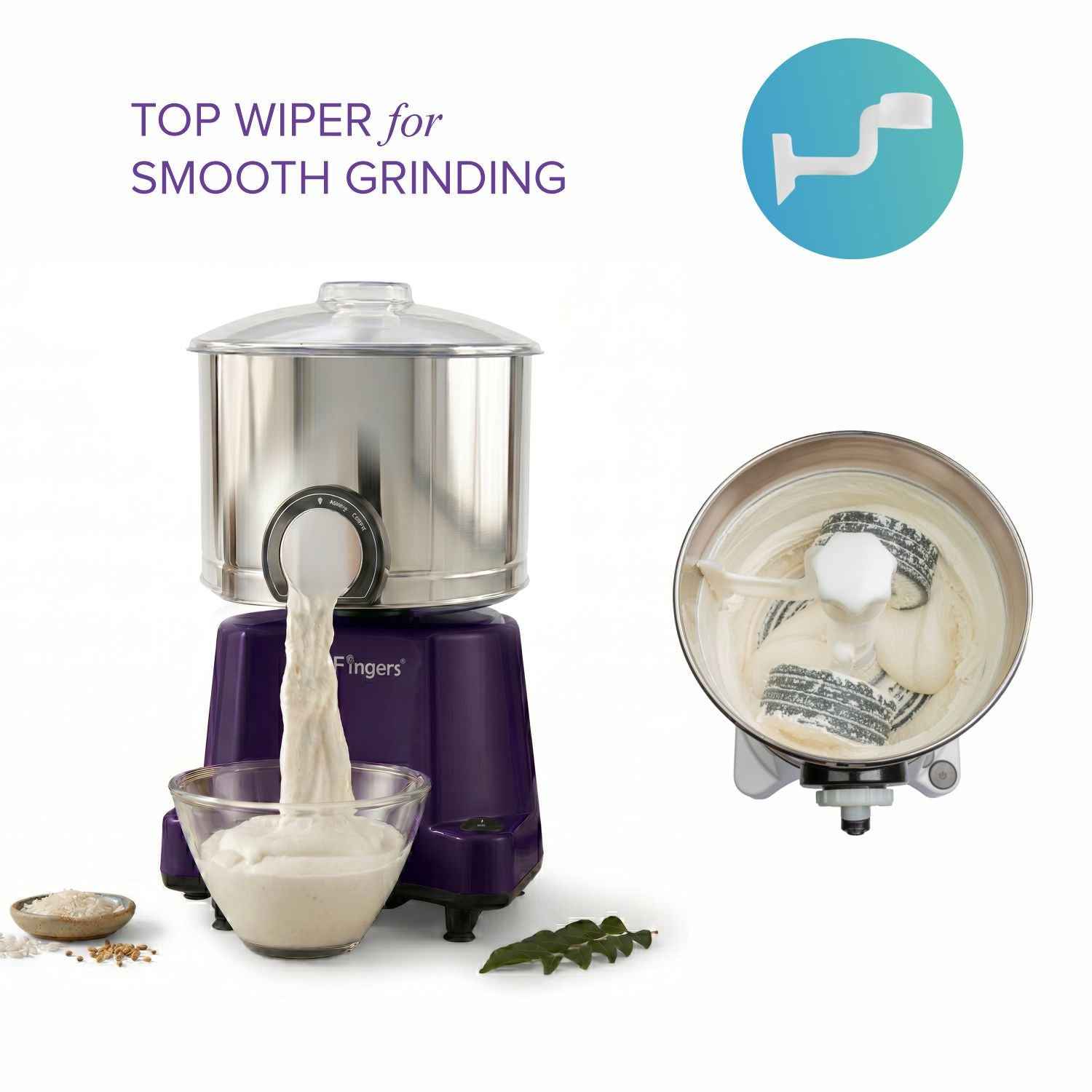 3 Liter-PURPLE/SmartFingers Comfort Plus Table Top Magic Wet Grinder 230V 50hz- (COCONUT SCRAPPER WITHOUT PLATE + ATTAKNEADER)