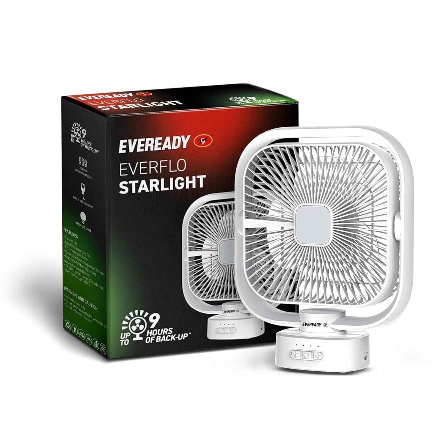 Eveready FE04 Everflo Starlight Rechargeable Fan, White