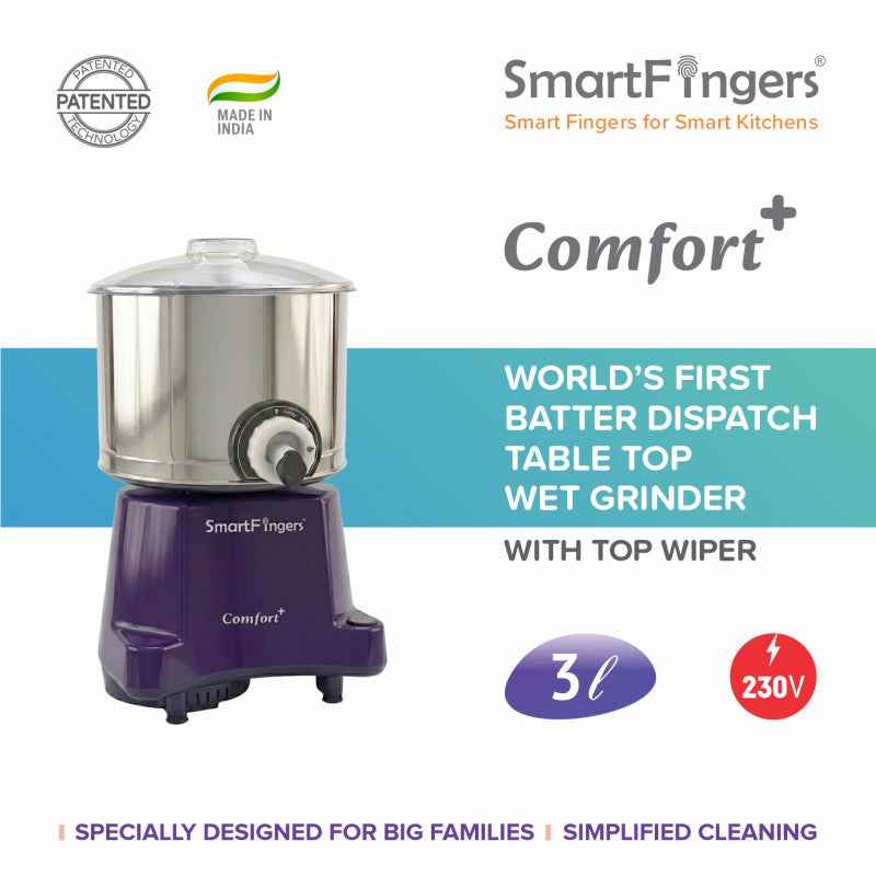 3 Liter-PURPLE/SmartFingers Comfort Plus Table Top Magic Wet Grinder 230V 50hz- (COCONUT SCRAPPER WITHOUT PLATE + ATTAKNEADER)