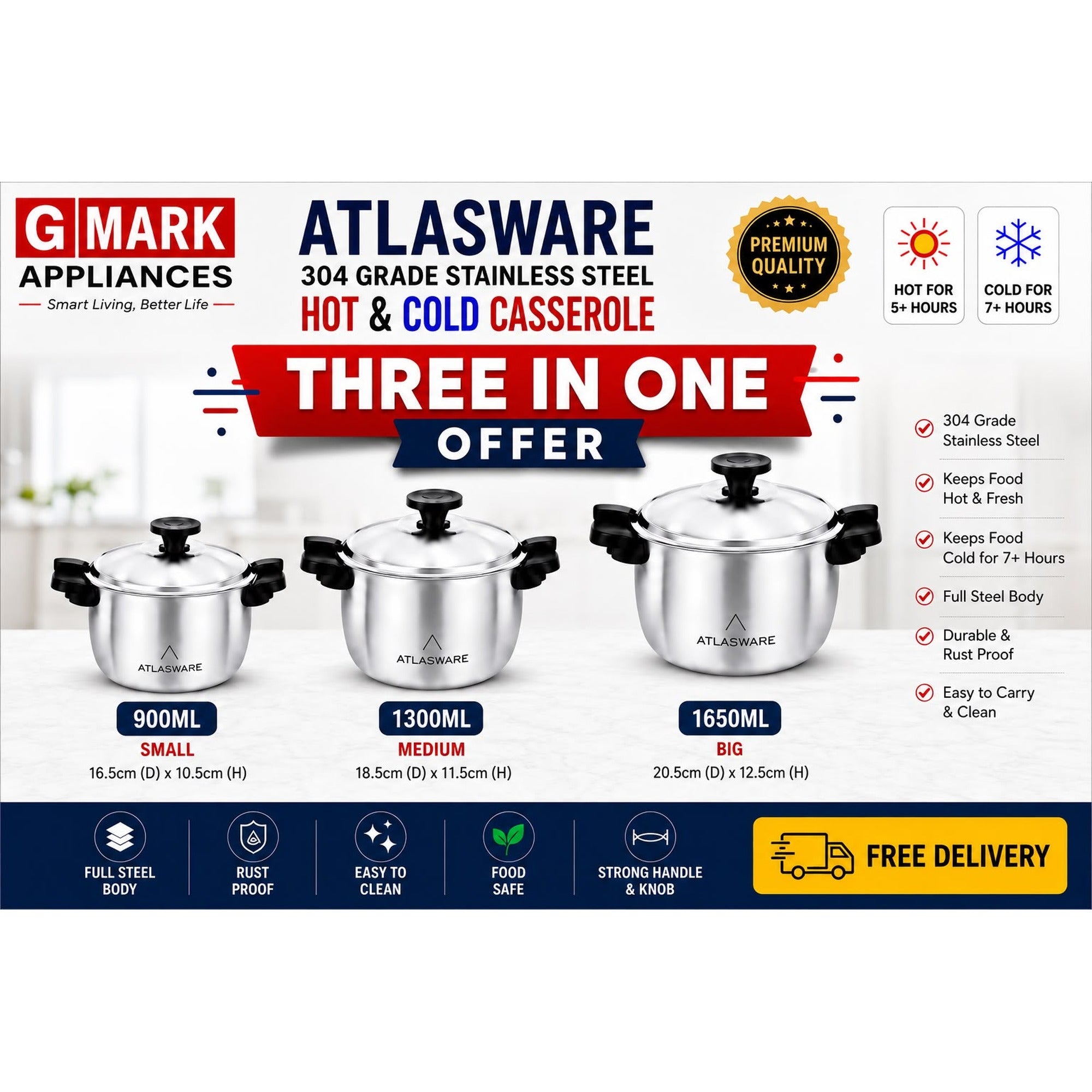 3 IN 1 COMBO OFFER-Hot and Cold Casserole(900ML+1300ML+1650ML)