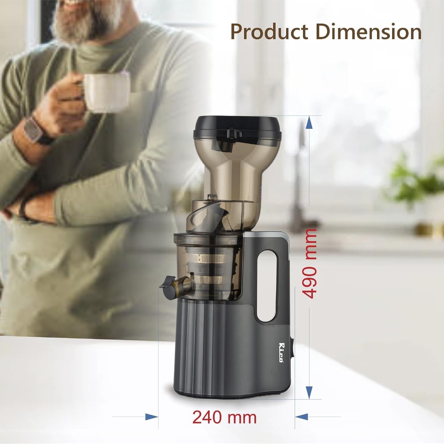 Rico Cold Press Juicer with Ice Cream Maker | All-in-1 Slow Juicer for Fruits, Vegetables, Nut Milk | 10% More Juice, Less Waste | Easy to Clean | Low Noise | Anti-Drip | 5-Year Warranty (Steel Gray)