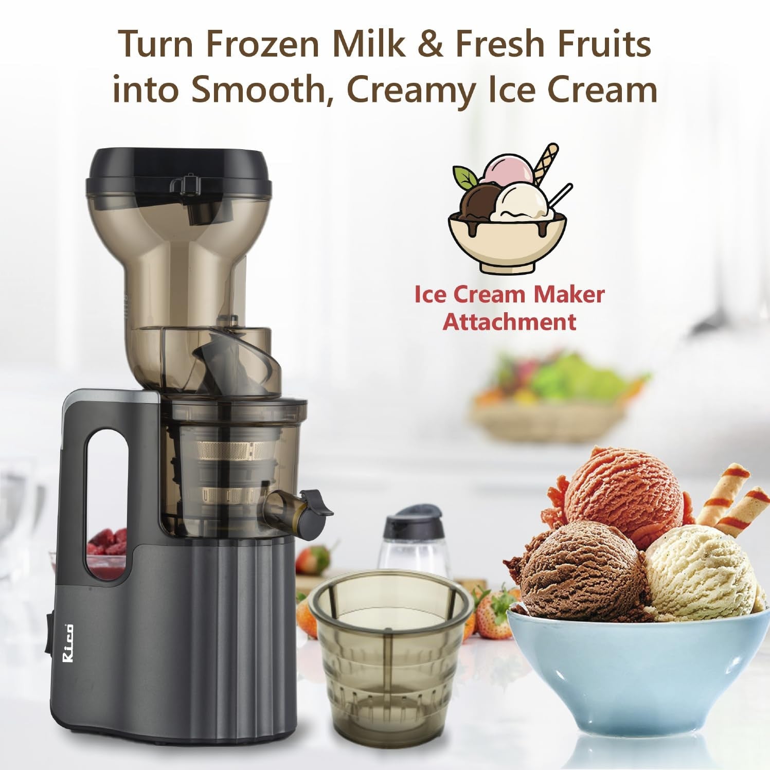 Rico Cold Press Juicer with Ice Cream Maker | All-in-1 Slow Juicer for Fruits, Vegetables, Nut Milk | 10% More Juice, Less Waste | Easy to Clean | Low Noise | Anti-Drip | 5-Year Warranty (Steel Gray)
