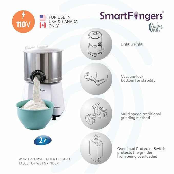 2 Liter-White/SmartFingers Comfort Plus Table Top Magic Wet Grinder 230V 50hz( COCONUT SCRAPPER WITHOUT PLATE + ATTAKNEADER)