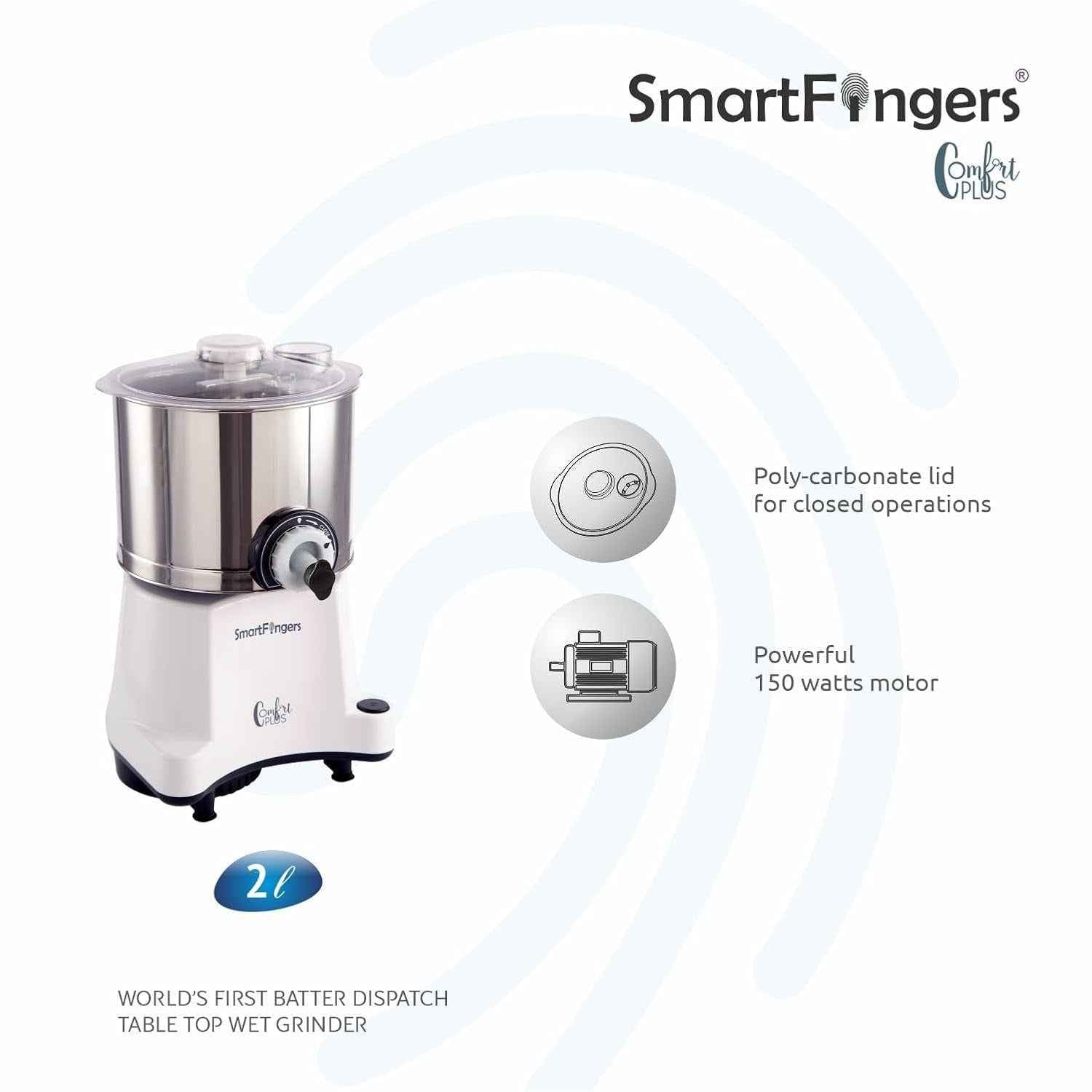 2 Liter-White/SmartFingers Comfort Plus Table Top Magic Wet Grinder 230V 50hz (WITHOUT ATTACHMENT)
