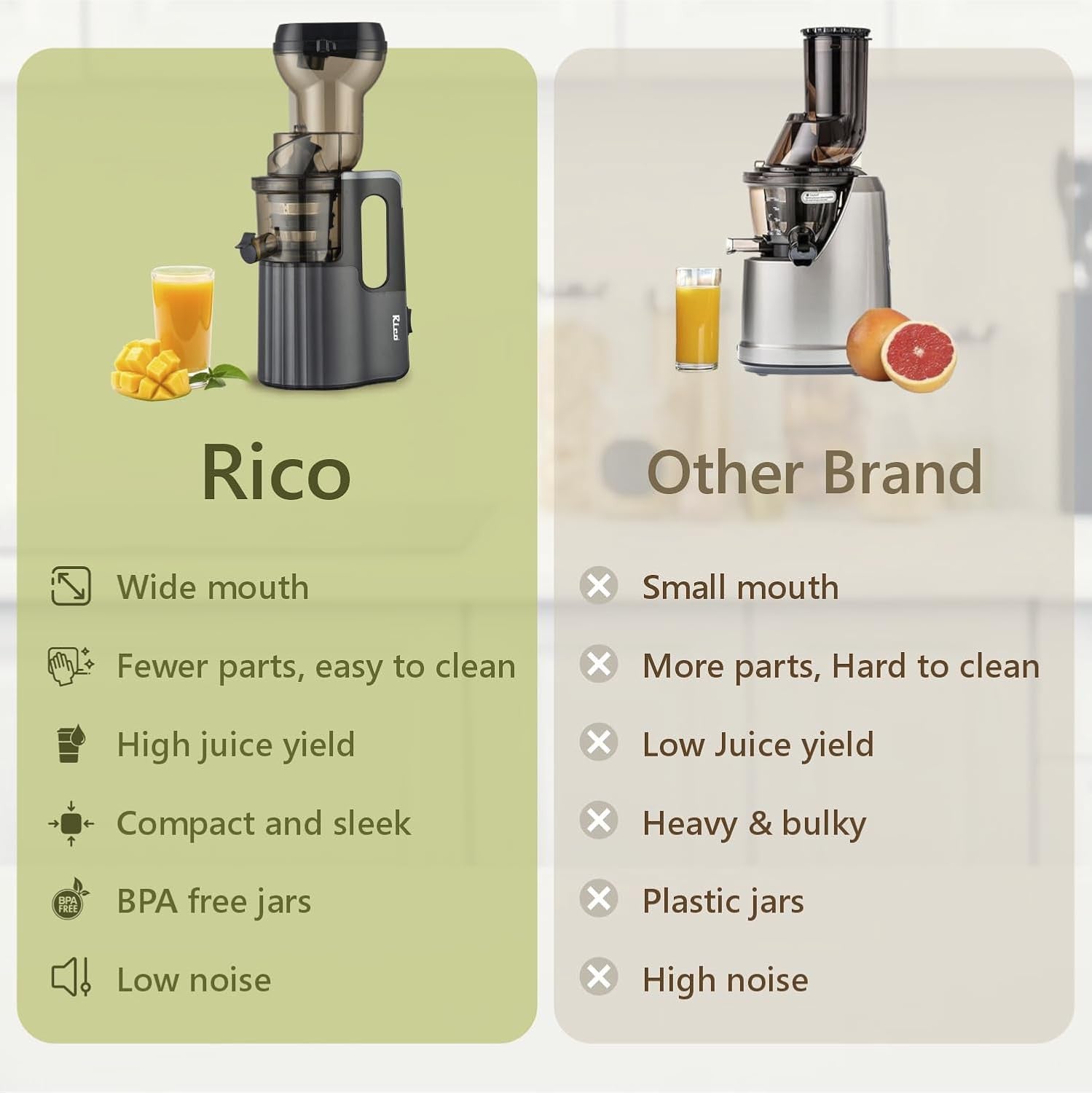 Rico Cold Press Juicer with Ice Cream Maker | All-in-1 Slow Juicer for Fruits, Vegetables, Nut Milk | 10% More Juice, Less Waste | Easy to Clean | Low Noise | Anti-Drip | 5-Year Warranty (Steel Gray)