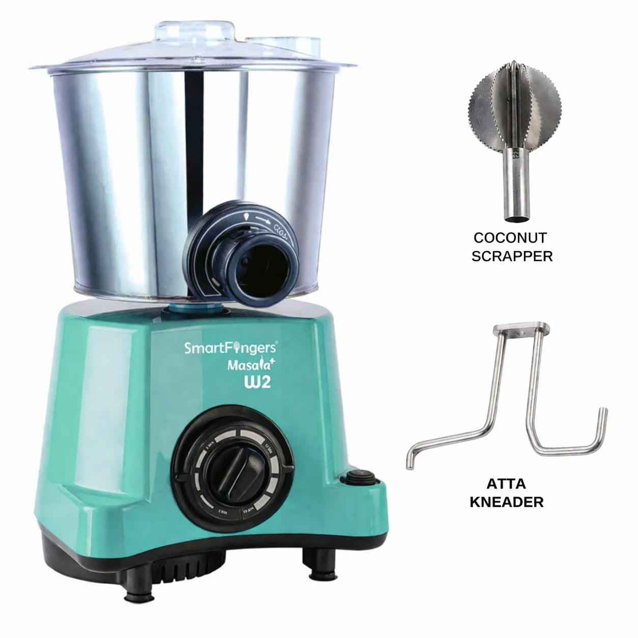 2 Liter-GREEN/MASALA PLUS SmartFingers Table Top Masala Wet Grinder 230V 50hz (COCONUT SCRAPPER WITHOUT PLATE + ATTA KNEADER)