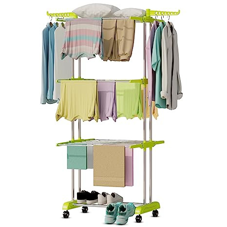 LIVINGBASICS 3 Layer Finest Clothes Stand for Drying/Cloth Drying Stand/Cloth Stand for Drying Clothes Foldable/Cloth Drying Stand for Balcony/Stainless Steel Hanging Dress Dryer Rack (Green)