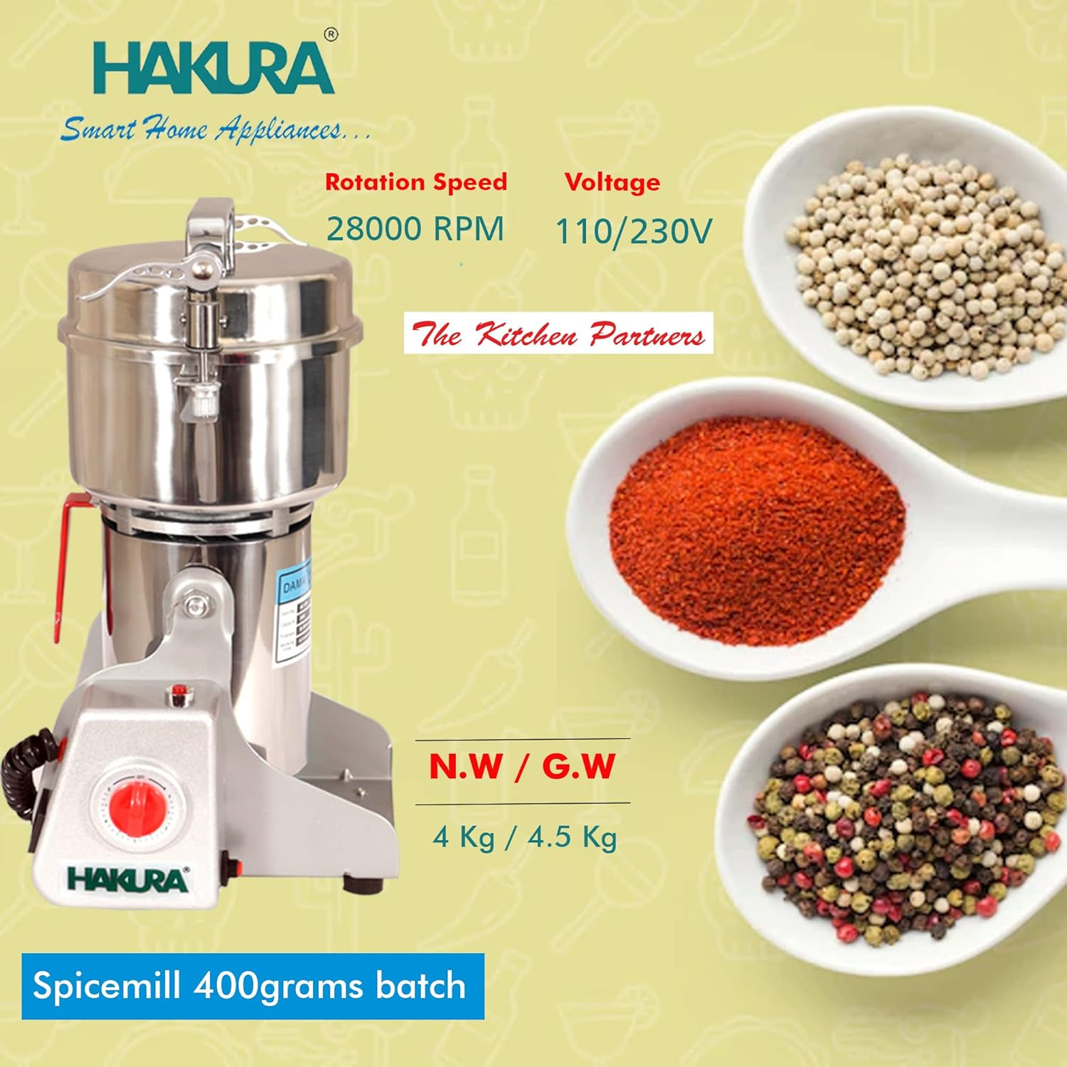 HAKURA 400gms High Speed 28000RPM| Domestic Mini Spice Mill | Stainless Steel Body | Compact | Easy use | 1500W | 230V